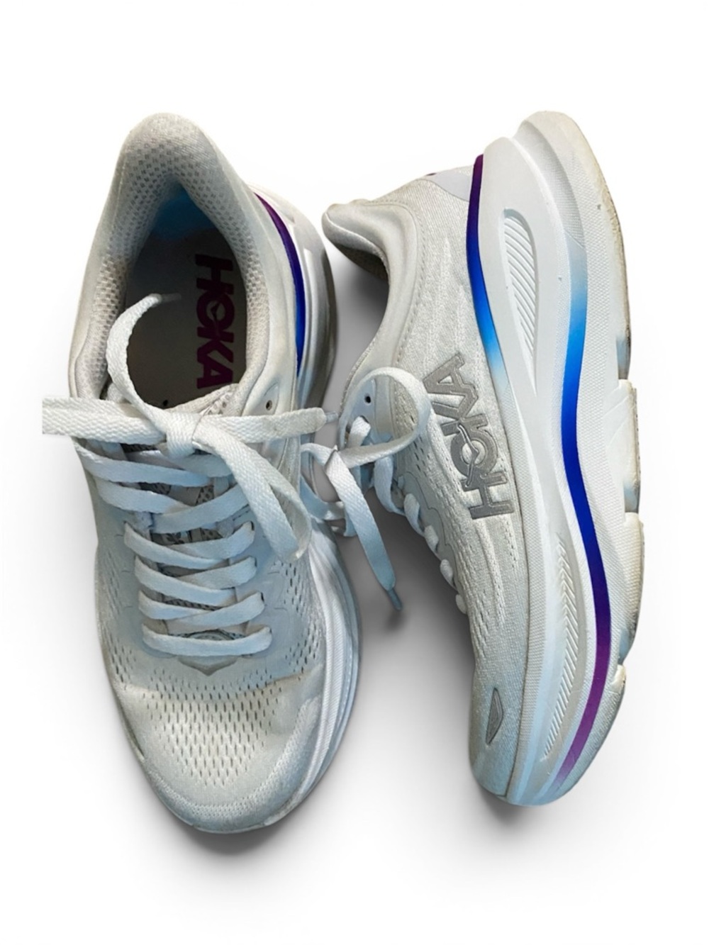 Hoka Women's White Running Shoes with Blue and Purple Sole Accents - Picture 3 of 7